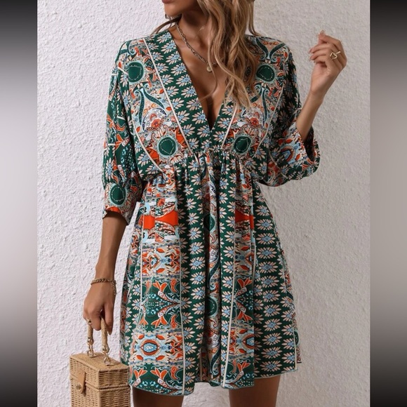 Boho Floral Print Batwing Sleeve Dress Green - Picture 3 of 5